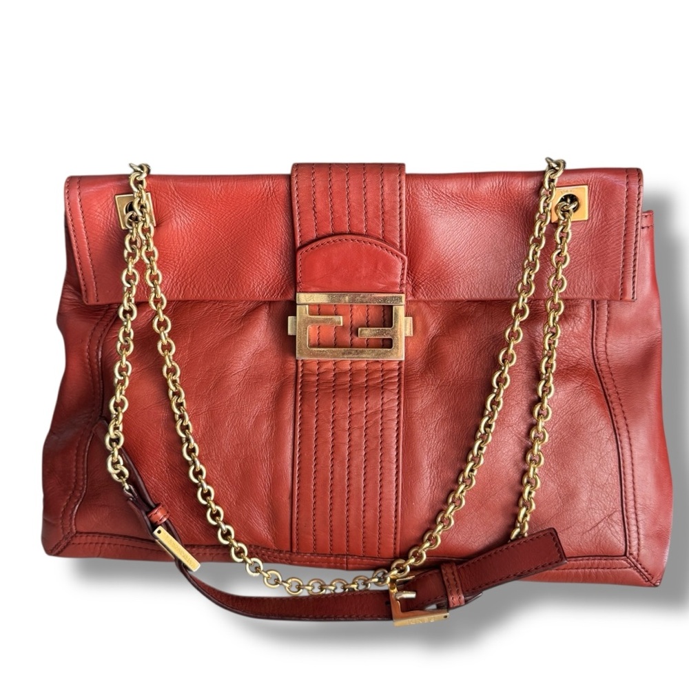 Fendi Maxi Baguette Terracotta Red Leather Gold HW Chain Strap AS-IS